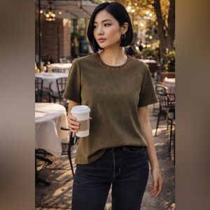 Vintage Nancy Bolen City Girl Olive Faux Suede Studded Neck Keyhole Back Top M